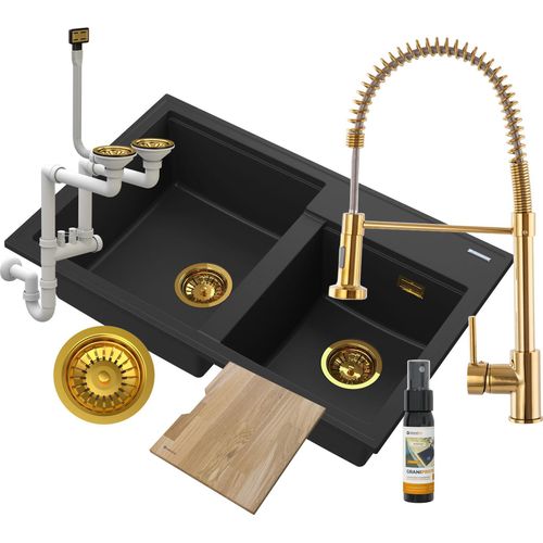 Waschbecken Granit 2 Fach Schwarz Wasserhahn Siphon Gold Hector