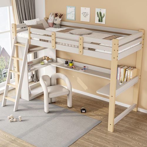 okwish Kinderbett 90x200cm Holzbett Hochbett mit Stauraum,Rausfallschutz und Lattenrost,Bettgestell mit Schreibtisch und Regalen,aus Massivholz,mit Matratze