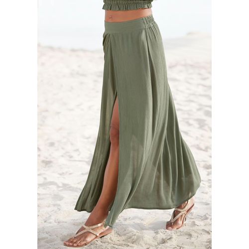 Maxirock LASCANA, Damen, Gr. 42, grün (khaki), Cru00eape, Obermaterial: 100% Viskose, unifarben, leicht transparent, modisch, figurumspielend knöchellang, Röcke, mit besonderem Schnitt, langer Rock mit Beinschlitz, Strandrock