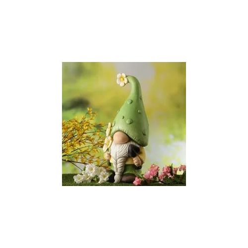 Gartenzwerg DAVID - Zwerg mit Spaten und Blumen - Gartenfigur - Polyresin - H: 45cm - grün