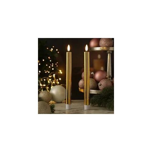 LED Stabkerzen - Tafelkerzen aus Kunststoff - H: 25cm - Timer - gold glänzend - 2er Set