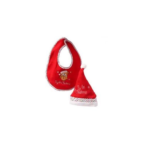 Baby Weihnachts-Geschenkset 1st CHRISTMAS - Mütze und Lätzchen mit Bär - Polyester - rot, weiß