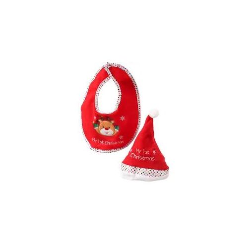 Baby Weihnachts-Geschenkset 1st CHRISTMAS - Mütze u. Lätzchen mit Rentierkopf - Polyester - rot/weiß