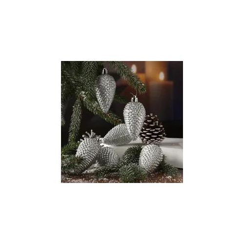 Christbaumschmuck ZAPFEN - Weihnachtsbaumschmuck - bruchfest - glitzernd - H: 8cm - silber - 6er Set