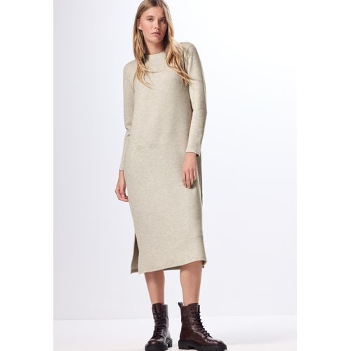 Midikleid STREET ONE STUDIO, Damen, Gr. 44, EURO-Größen, beige (oak beige melange), Stoff, 79% Polyester, 14% Viskose, 5% Metallpolyester, 2% Elasthan, unifarben, casual, normal wadenlang, Rundhals, Langarm Bündchen, Kleider, in Unifarbe