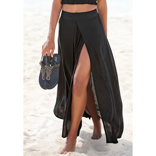 Maxirock LASCANA, Damen, Gr. 46, schwarz, Cru00eape, Obermaterial: 100% Viskose, unifarben, modisch, figurumspielend knöchellang, Röcke, mit besonderem Schnitt, langer Rock mit Beinschlitz, Strandrock