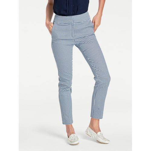 Röhrenhose HEINE, Damen, Gr. 19, Kurzgrößen, blau (marine, weiß), 71% Baumwolle, 26% Polyester, 3% Elasthan, gemustert, mehrfarbig, 7/8-Länge, Hosen