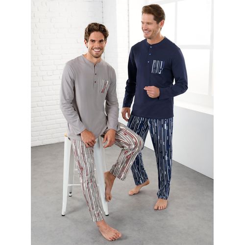 Schlafanzug WÄSCHEPUR, Herren, Gr. 48/50, blau (marine, grau), 100% Baumwolle, Homewear-Sets