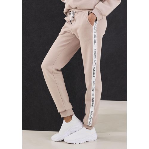 Sweathose FRENCH CONNECTION, Damen, Gr. 40/42, N-Gr, beige (sand), Sweatware, Obermaterial: 60% Baumwolle, 40% Polyester, unifarben mit Farbeinsatz, sportlich, bequem lang, Hosen, mit seitlichen Kontraststreifen und Logodruck