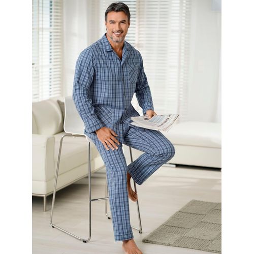 Schlafanzug KINGS CLUB, Herren, Gr. 52/54, blau (blau, kariert), 100% Baumwolle, Langarm, Homewear-Sets