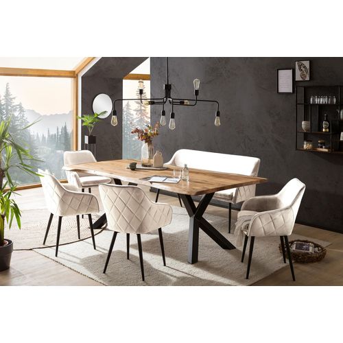 Eckbankgruppe SALESFEVER, beige (creme, natur, schwarz, schwarz), B:220cm H:76,5cm T:110cm, Massivholz, Polyester, Metall, Sitzmöbel-Sets, Rückenfläche mit aufwändiger Rautensteppung