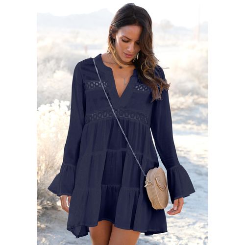 Longbluse LASCANA, Damen, Gr. 32/34, blau (marine), Web, Obermaterial: 100% Viskose. Spitze: 100% Baumwolle, figurumspielend kurz, V-Ausschnitt, Volant, Blusen, mit Spitzeneinsätzen, Tunika, Blusenkleid, Strandmode