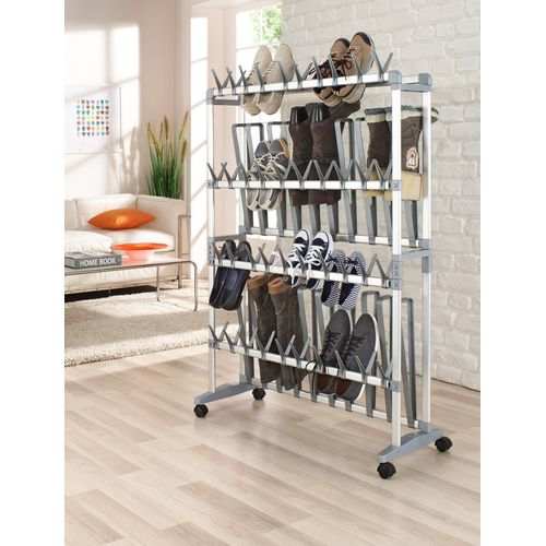 Schuhregal RUCO, silber (aluminiumfarben, silber), B:89cm H:120cm T:27cm, Aluminium, Regale, Aluminium, fahrbar