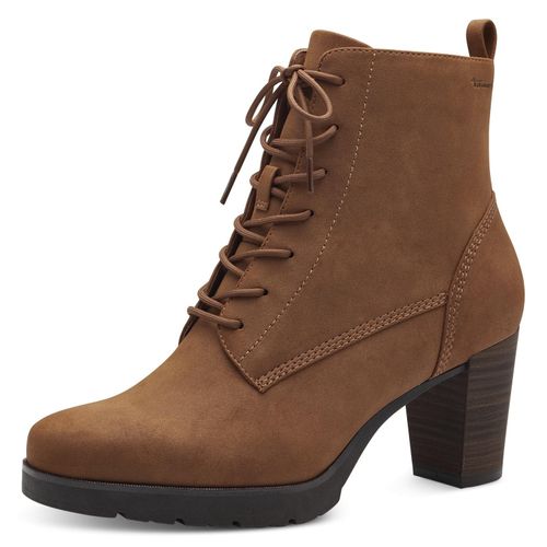 Schnürstiefelette TAMARIS, Damen, Gr. 40, braun (cognac), Velourslederimitat, unifarben, klassisch, Schuhe, Trichterabsatz, Stiefelette, Businessmode in veganer Verarbeitung