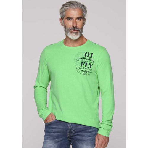 Langarmshirt CAMP DAVID, Herren, Gr. M, grün (electric grün), Jersey, Obermaterial: 100% Baumwolle, bedruckt, casual, regular fit hüftlang, Rundhals, Langarm abgesteppt, Shirts, mit Rücken-Print