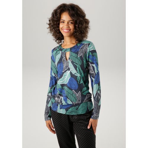 Langarmshirt ANISTON CASUAL, Damen, Gr. 48, bunt (schwarz, jade, royalblau, weiß), Single Jersey, Obermaterial: 95% Viskose, 5% Elasthan, bedruckt, gemustert, modisch, figurumspielend hüftbedeckend, Rundhals, Langarm, Shirts, mit farbharmonischen Blättern bedruckt