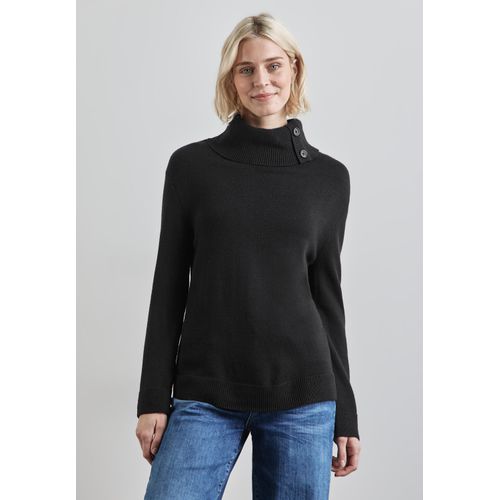 Rollkragenpullover STREET ONE, Damen, Gr. 34, schwarz, Stoff, 52% Viskose, 28% Polyester, 20% Nylon, unifarben, casual, normal normal, hoch geschlossener Ausschnitt, Langarm Bündchen, Pullover, mit Knopf Details