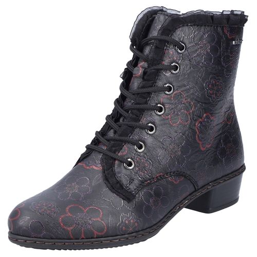 Schnürstiefelette RIEKER, Damen, Gr. 36, schwarz (schwarz multi), Lederimitat, geblümt, klassisch, Schuhe, Schnürboots, Trachtenstiefelette, Blockabsatz, Rüschchen-Verzierung