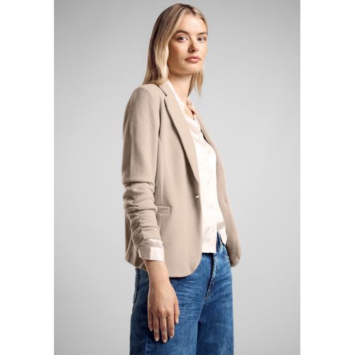 Kurzblazer STREET ONE, Damen, Gr. 44, beige (warm taupe meliert), Web, Stoff, 50% Baumwolle, 50% Polyester, unifarben, casual, gerade normal, V-Ausschnitt, 3/4-Ärmel normaler Saum, Blazer, in Unifarbe