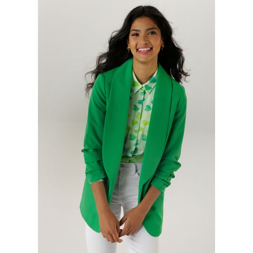 Longblazer ANISTON SELECTED, Damen, Gr. 40, grün, Web, Obermaterial: 95% Polyester, 5% Elasthan. Futter: 100% Polyester, unifarben, modisch, lässig geschnitten hüftbedeckend, Langarm, Blazer, mit modischem Reverskragen und gerafften Ärmeln - NEUE KOLLEKTION, Topseller