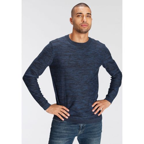 Rundhalspullover AJC, Herren, Gr. M (48/50), blau (marine), Feinstrick, Obermaterial: 100% Baumwolle, unifarben, meliert, casual, schmal, Rundhals, Langarm Rippstrickbündchen, Pullover, in melierter Optik