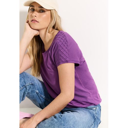 T-Shirt CECIL, Damen, Gr. S (38), lila (iced violet), Jersey, Obermaterial: 50% Baumwolle, 50% Modal, casual, normal hüftlang, V-Ausschnitt, Kurzarm angeschnitten Bündchen, Shirts, mit Biesen-Dekoration