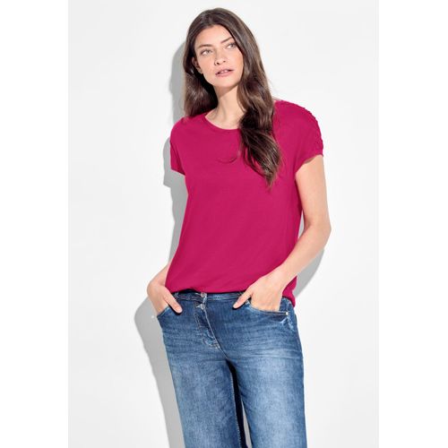 T-Shirt CECIL, Damen, Gr. M (40), pink (pink sorbet), Jersey, Obermaterial: 50% Baumwolle, 50% Modal, unifarben, casual, normal hüftlang, V-Ausschnitt, Kurzarm angeschnitten Bündchen, Shirts, mit Biesen-Dekoration