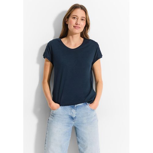 T-Shirt CECIL, Damen, Gr. XL (44), blau (schwarz petrol blau), Jersey, Obermaterial: 50% Baumwolle, 50% Modal, casual, normal hüftlang, V-Ausschnitt, Kurzarm angeschnitten Bündchen, Shirts, mit Biesen-Dekoration