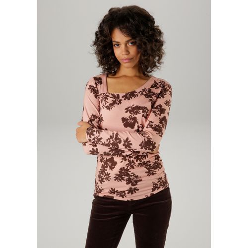 Langarmshirt ANISTON CASUAL, Damen, Gr. 40, rosa (altrosé, dunkelbraun), Single Jersey, Obermaterial: 95% Viskose, 5% Elasthan, geblümt, bedruckt, gemustert, feminin, sehr figurbetont hüftlang, Rundhals, Langarm, Shirts, mit asymmetrischem Rundhals-Ausschnitt