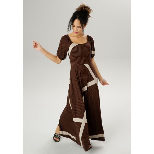 Sommerkleid ANISTON SELECTED, Damen, Gr. 48, N-Gr, braun (braun, schwarz, beige), Single Jersey, Obermaterial: 95% Viskose, 5% Elasthan, gemustert, bedruckt, modisch, figurumspielend lang, eckiger Ausschnitt, Halbarm elastischer Bund, Kleider, mit verlängertem Halbarm