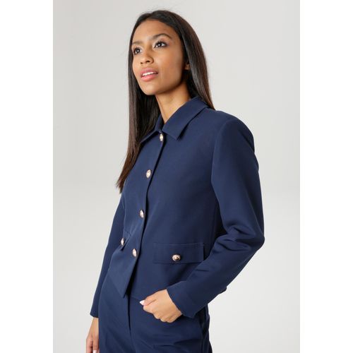 Kurzblazer ANISTON SELECTED, Damen, Gr. 38, blau (dunkelblau), Web, Obermaterial: 95% Polyester, 5% Elasthan. Futter: 100% Polyester, unifarben, elegant, lässig geschnitten taillenbedeckt, Langarm, Blazer, mit rosegoldfarbenen Knöpfen