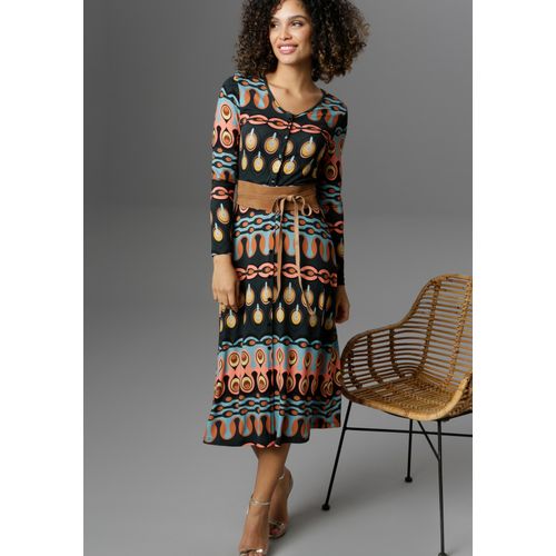 Midikleid ANISTON SELECTED, Damen, Gr. 42, N-Gr, bunt (dunkelgrün, braun, senf, pfirsich, schwarz, türkis), Single Jersey, Obermaterial: 95% Viskose, 5% Elasthan, bedruckt, gemustert, modisch, figurbetont Midi, V-Ausschnitt, Langarm, Kleider, mit Knopfleiste