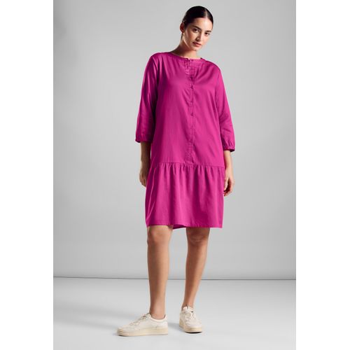 Sommerkleid STREET ONE, Damen, Gr. 44, EURO-Größen, pink (magnolia pink), Web, 100% Baumwolle, unifarben, casual, weit knielang, Rundhals, 3/4-Ärmel Bündchen, Kleider, mit Volant am Saum