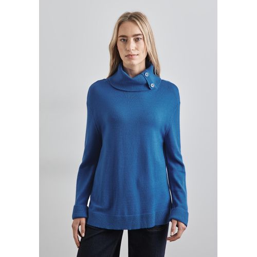 Rollkragenpullover STREET ONE, Damen, Gr. 34, blau (odyssey blau), Stoff, 52% Viskose, 28% Polyester, 20% Nylon, unifarben, casual, normal normal, hoch geschlossener Ausschnitt, Langarm Bündchen, Pullover, mit Knopf Details