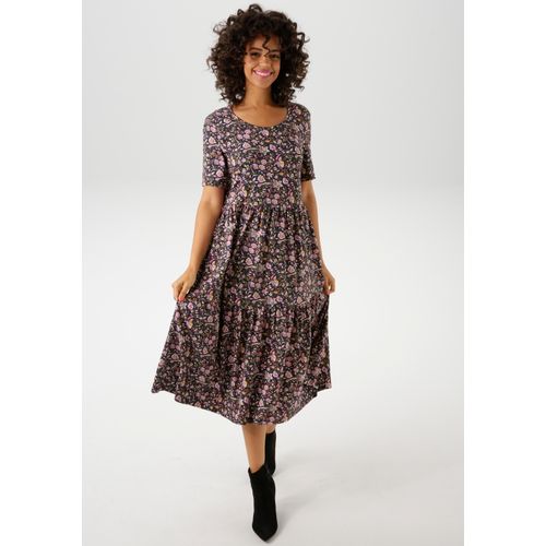 Sommerkleid ANISTON CASUAL, Damen, Gr. 38, N-Gr, marine, maismoosgrün, weiß, rosa, pink, blau, bordeaux, braun, Single Jersey, Obermaterial: 95% Baumwolle, 5% Elasthan, bedruckt, geblümt, feminin, figurumspielend wadenlang, Rundhals, Kurzarm, Kleider, mit farbenfrohen Blumendruck - NEUE KOLLEKTION, Topseller