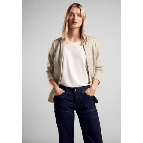 Kurzblazer STREET ONE, Damen, Gr. 42, beige (spring sand melange), Web, 93% Baumwolle, 7% Elasthan, unifarben, casual, gerade normal, V-Ausschnitt, Langarm Bündchen, Blazer, mit Reverskragen