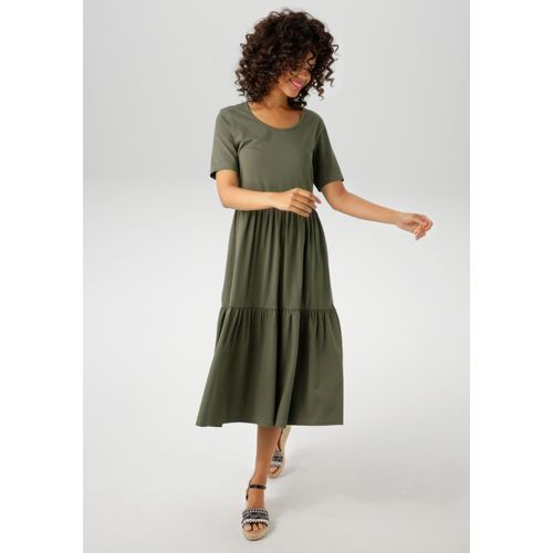 Sommerkleid ANISTON CASUAL, Damen, Gr. 38, N-Gr, grün (khaki), Single Jersey, Obermaterial: 95% Baumwolle, 5% Elasthan, unifarben, casual, wadenlang, Rundhals, Kurzarm, Kleider, in trendiger Farbpalette - NEUE KOLLEKTION