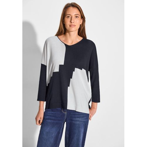 Longpullover CECIL, Damen, Gr. S (38), blau (universal blau), Web, 60% Baumwolle, 40% Viskose, bedruckt, casual, gerade normal, V-Ausschnitt, 3/4-Ärmel Bündchen, Pullover, mit abgerundetem V-Ausschnitt