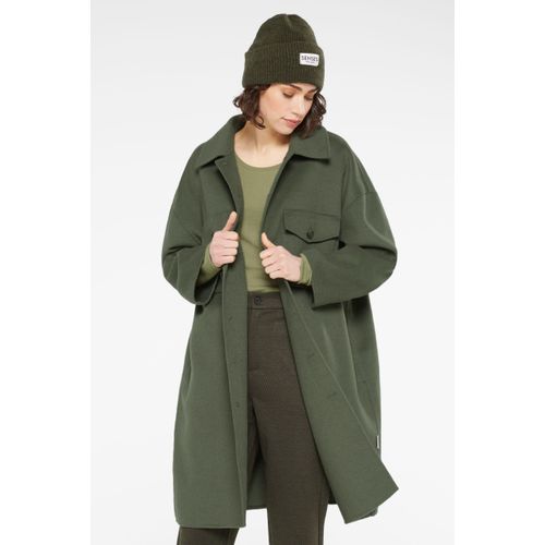 Langjacke SENSES.THE LABEL, Damen, Gr. XS/S, grün (natural khaki), Material: 78, 9% Polyester, 21, 1% Wolle, unifarben, casual, oversize lang, Langarm eingesetzt gerader Abschluss, Jacken