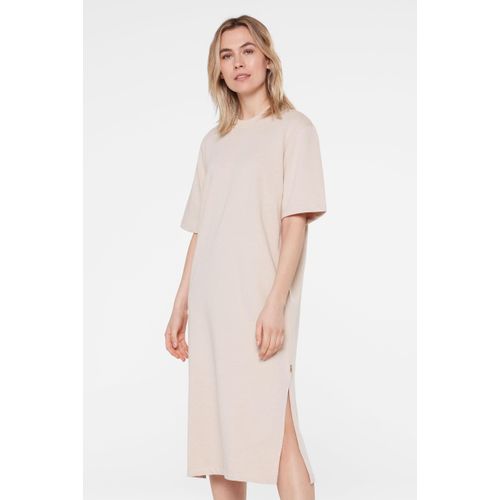 Sommerkleid SENSES.THE LABEL, Damen, Gr. S, US-Größen, beige (bleached sand), Material: 88% Baumwolle, 12% Polyester, unifarben, casual, gerade normal, Rundhals, Kurzarm eingesetzt gerader Abschluss, Kleider, mit Baumwolle