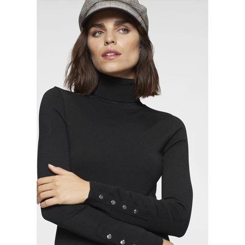 Rollkragenpullover TAMARIS, Damen, Gr. 44, schwarz, Obermaterial: 70% Viskose, 30% Polyamid, feminin, figurbetont hüftlang, Langarm Rippbündchen mit Druckknöpfen, Pullover, mit Knöpfen