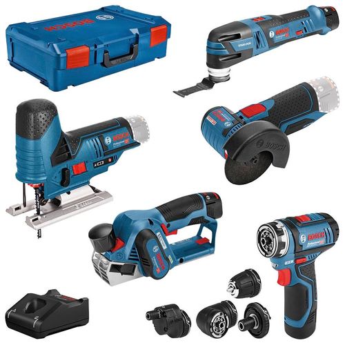 Elektrowerkzeug-Set BOSCH PROFESSIONAL, blau (baumarkt), Werkzeugmaschinen-Sets, 10-tlg., Professional 12V Akku-System