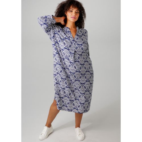 Sommerkleid ANISTON PLUS, Damen, Gr. 52, N-Gr, blau (marine, weiß), Obermaterial: 100% Viskose, modisch, figurumspielend, V-Ausschnitt, 3/4-Ärmel Krempelärmel, Kleider, mit farbharmonischem, graphischem Druck - NEUE KOLLEKTION