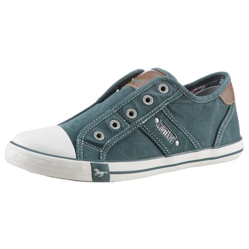 Slip-On Sneaker MUSTANG SHOES, Damen, Gr. 45 (10/10,5), blau (petrol), Textil, Lederimitat, sportlich, Schuhe, Slipper, Sommerschuh, Freizeitschuh mit praktischem Gummizug