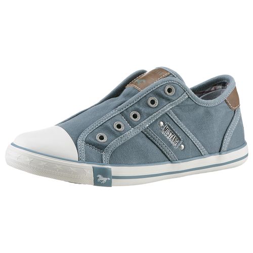 Slip-On Sneaker MUSTANG SHOES, Damen, Gr. 42 (8), blau (rauchblau), Textil, Lederimitat, sportlich, Schuhe, Slipper, Sommerschuh, Freizeitschuh mit praktischem Gummizug