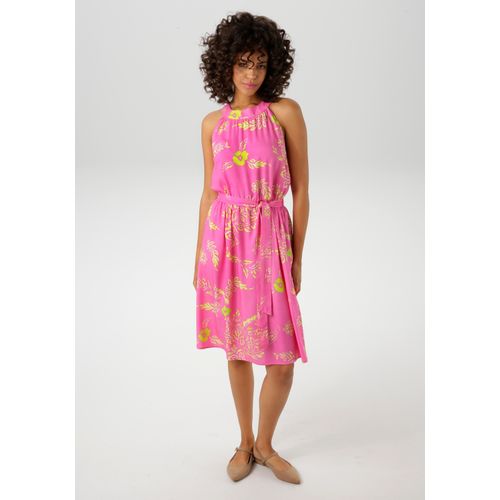 Sommerkleid ANISTON CASUAL, Damen, Gr. 46, N-Gr, pink, gelb, hellgelb, apfelgrün, grün, Web, Obermaterial: 100% Viskose, bedruckt, geblümt, feminin, figurumspielend knieumspielend, Rundhals, ohne Ärmel, Kleider, mit farbenfrohen, grafischen Blumendruck - NEUE KOLLEKTION