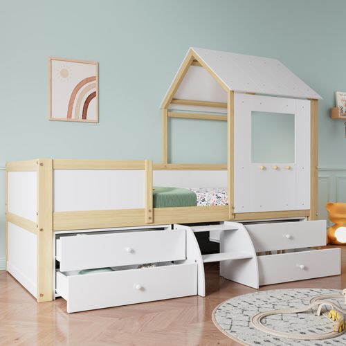 MODFU Kinderbett 90x200cm mit 4 Schubladen, Hausbett halbhohes Bett mit Vierseitiger Zaun und kleine Treppe, Massivholzbett mit Dach und Fenster, Jugendbett Bettgestell, Weiß+Natur