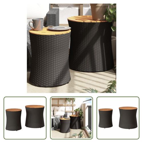 The Living Store Garten-Beistelltische 2 Stk. mit Holzplatte Schwarz Poly Rattan