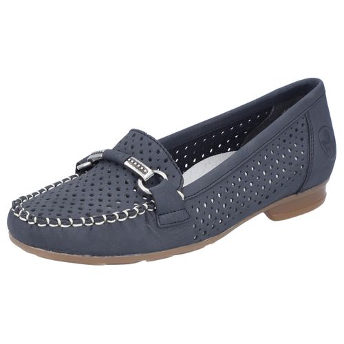 Mokassin RIEKER, Damen, Gr. 40, blau (dunkelblau), Nubuklederimitat, elegant, Schuhe, Slipper, Sommerschuh mit toller Schmuckspange