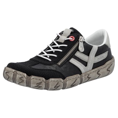 Slip-On Sneaker RIEKER, Damen, Gr. 40, schwarz (schwarz, grau), Leder, Lederimitat, kontrastfarbene Details, sportlich, Schuhe, Halbschuh, Schlupfschuh, Freizeitschuh mit weicher Innensohle